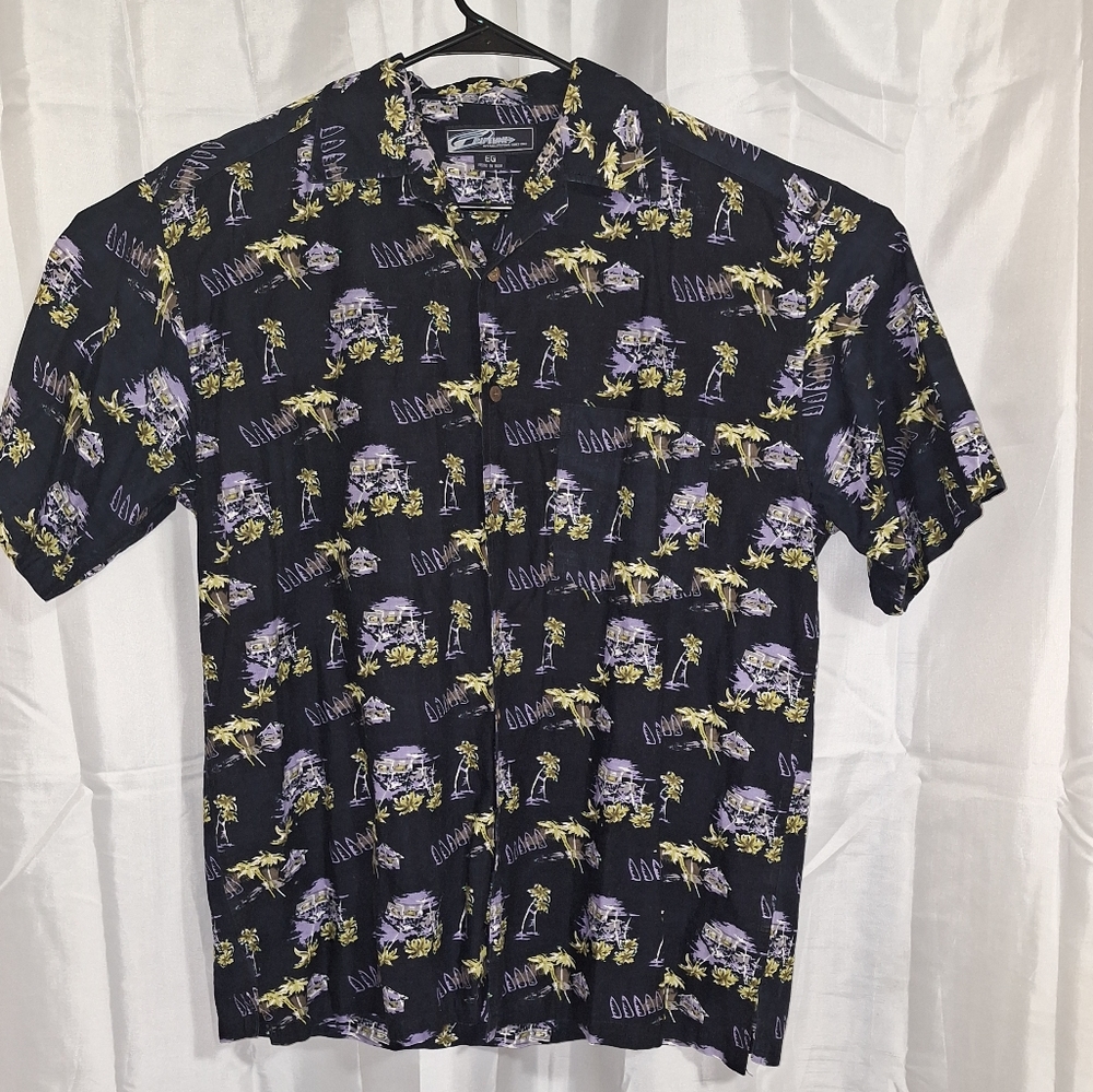 Montego Mens Hawaiian Shirt Button Up 100% Silk Floral Size M Black, Orange